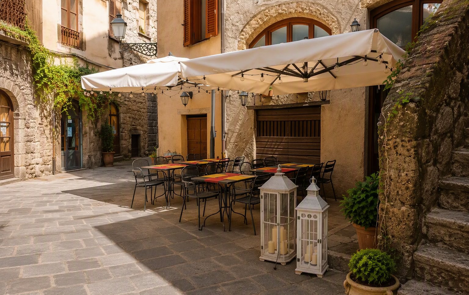 Il cortile della trattoria con lanterne e ombrelloni