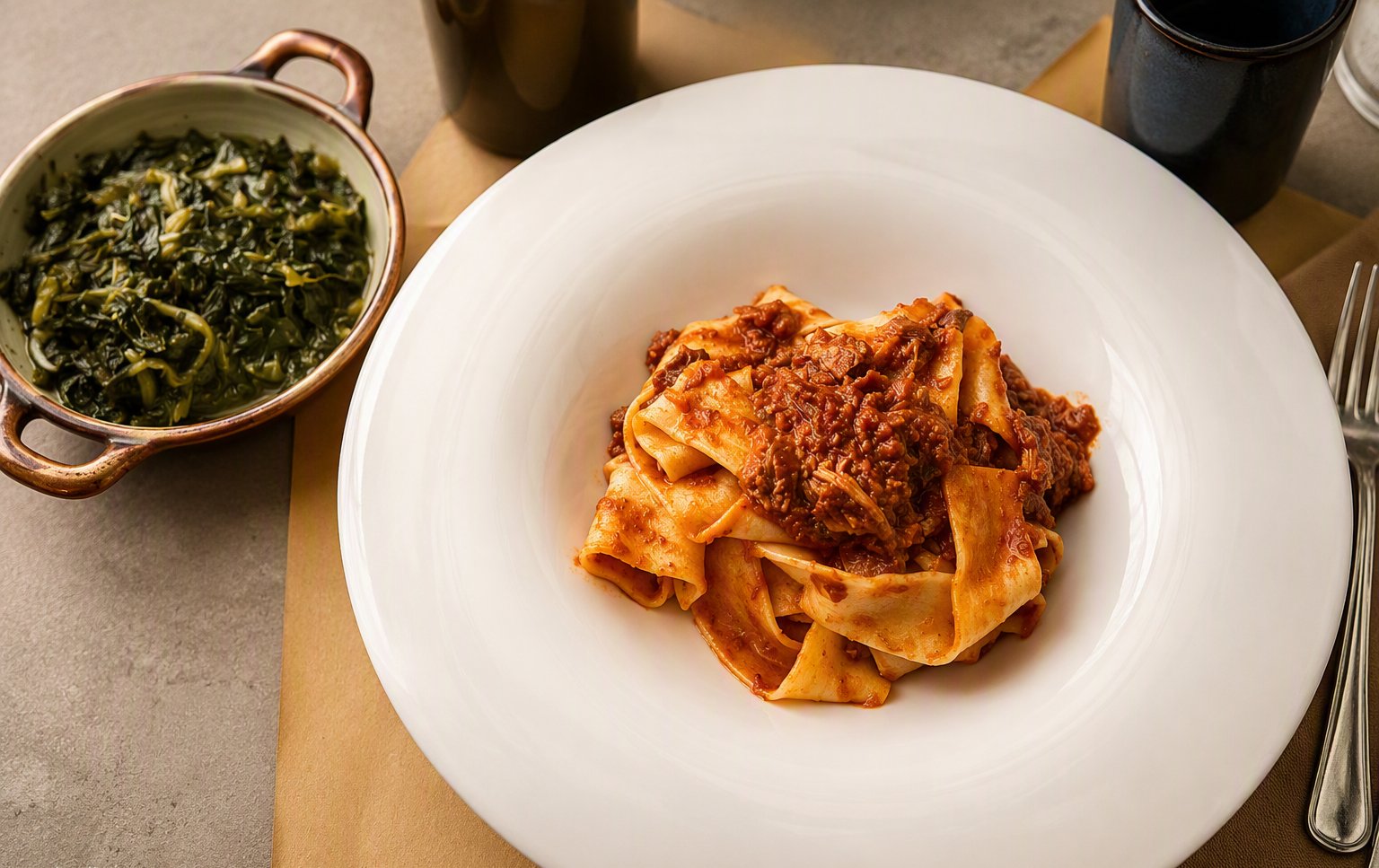 Pappardelle al ragù di cinghiale con contorno di verdure